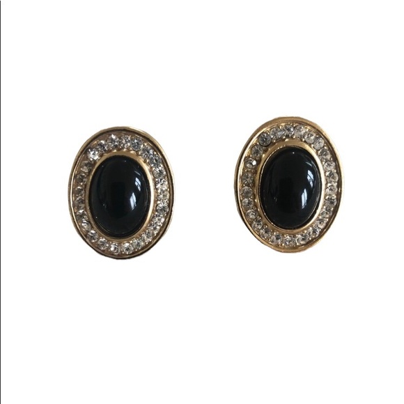 VintageTRIFARI Black & Rhinestone Clip-on Earrings - Picture 1 of 9